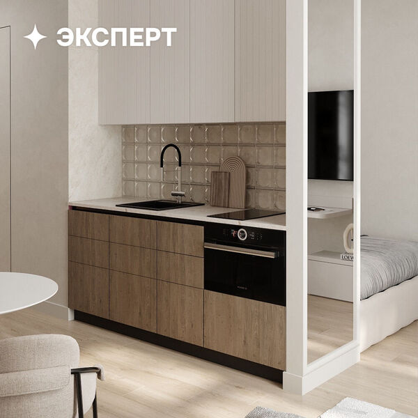 Дизайн студии 27 квадратов в апартаментах бизнес-класса (влезли и диван, и кровать)