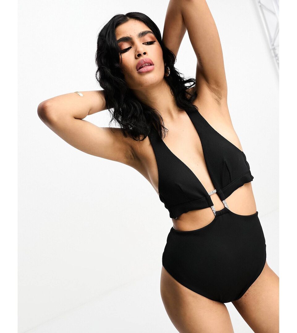Черный купальник с вырезами в рубчик Hunkemoller nero 8720676462590 | Black фото 1