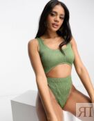 Купальник цвета хаки с жатой отделкой и вырезами South Beach 124940324 | Green фото 1