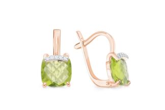 Серьги с 2 хризолитами и 10 фианитами из красного золота